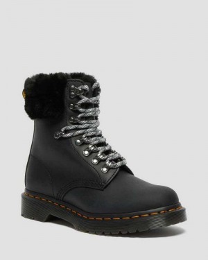 Dr Martens 1460 Serena Collar Faux Fur Forede Blonder Up Boots Vinterstøvler Dame Svarte | GFLVO8214