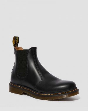 Dr Martens 2976 Yellow Stitch Smooth Lær Chelsea Boots Støvler Dame Svarte | FGQRU9431