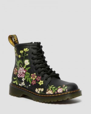 Dr Martens Junior 1460 Floral Lær Blonder Up Boots Støvler Barn Svarte | OXNBR1876