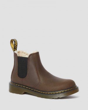 Dr Martens Junior 2976 Faux Fur Forede Chelsea Boots Støvler Barn Mørke Brune | IVNUZ3875