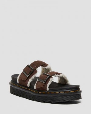 Dr Martens Myles Semsket Skinn Fur-Forede Spenne Badesandaler Sandals Platåsandaler Dame Mørke Brune | VMNYQ2384