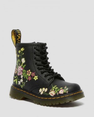 Dr Martens Toddler 1460 Floral Lær Blonder Up Boots Støvler Barn Svarte | QSLAB7106