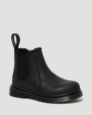 Dr Martens Toddler 2976 Faux Fur Forede Chelsea Boots Støvler Barn Svarte | DVBEC5746