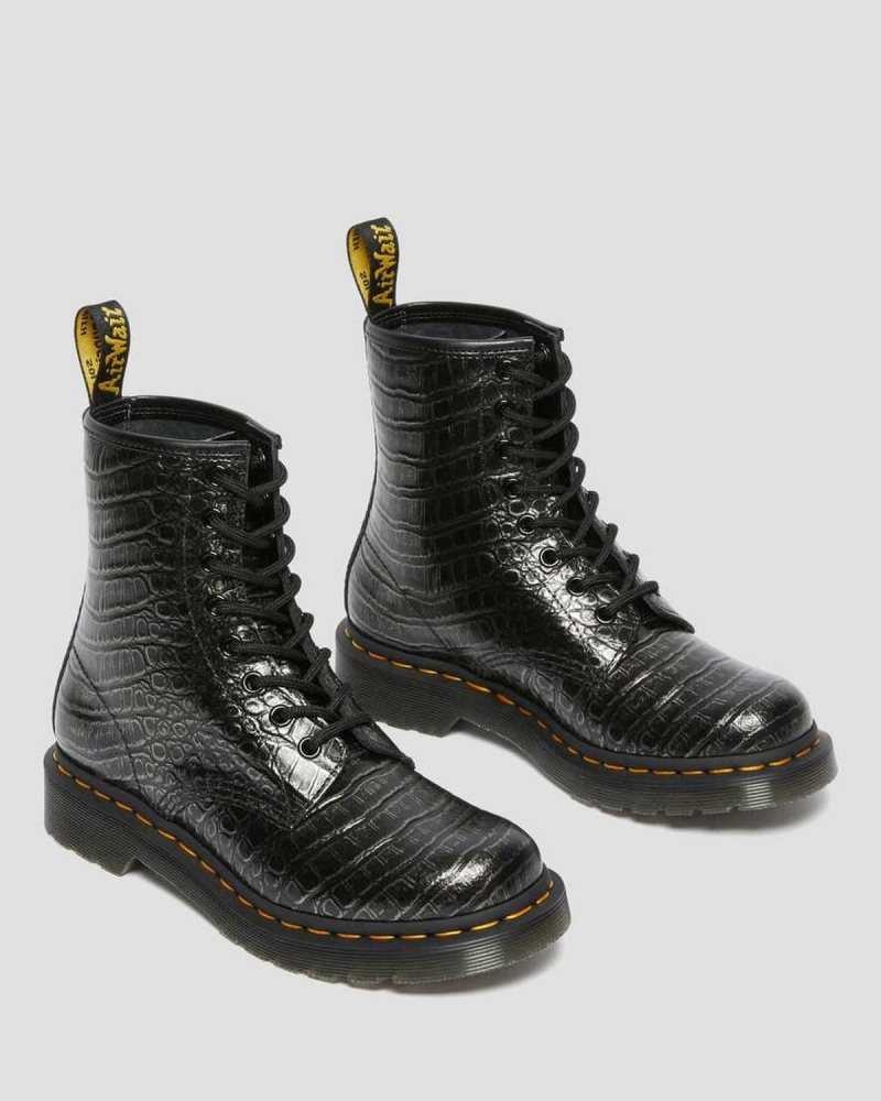 Dr Martens 1460 Croc Emboss Lær Blonder Up Boots Støvler Dame Grå | QVATZ2856