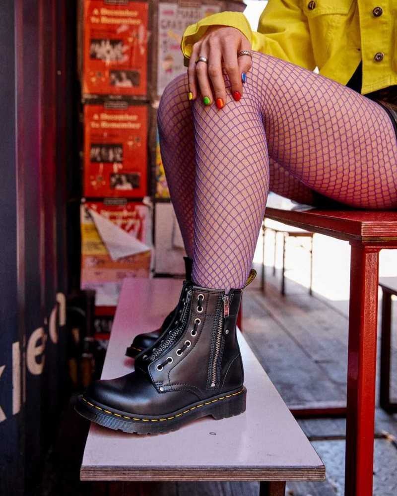 Dr Martens 1460 Double Zip Lær Blonder Up Boots Støvler Dame Svarte | VUIMW1852