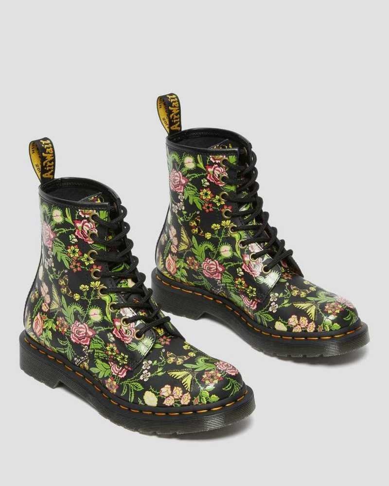 Dr Martens 1460 Floral Bloom Lær Blonder Up Boots Støvler Dame Svarte | RLKDJ9351