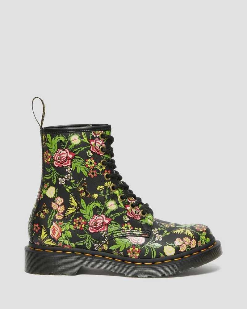 Dr Martens 1460 Floral Bloom Lær Blonder Up Boots Støvler Dame Svarte | RLKDJ9351