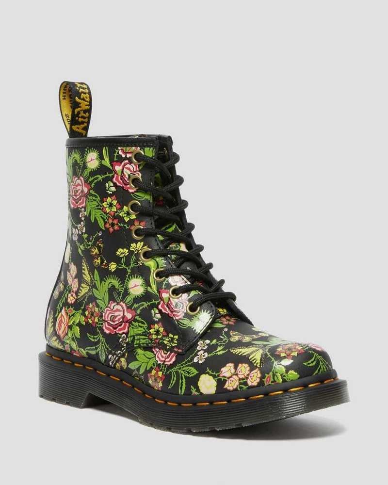 Dr Martens 1460 Floral Bloom Lær Blonder Up Boots Støvler Dame Svarte | RLKDJ9351