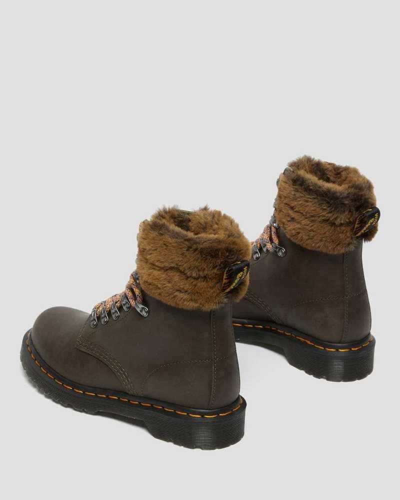 Dr Martens 1460 Serena Collar Faux Fur Forede Blonder Up Boots Vinterstøvler Dame Grå | GORHB7146