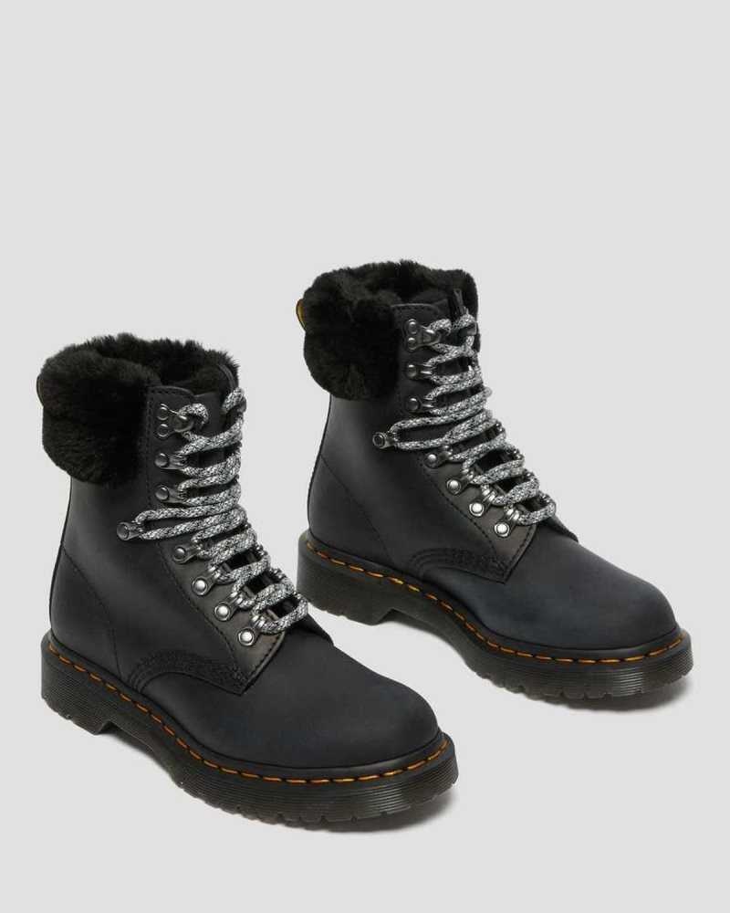 Dr Martens 1460 Serena Collar Faux Fur Forede Blonder Up Boots Vinterstøvler Dame Svarte | GFLVO8214