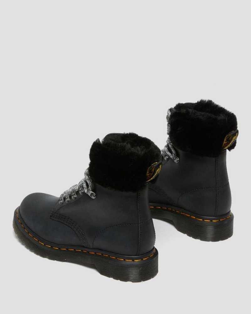 Dr Martens 1460 Serena Collar Faux Fur Forede Blonder Up Boots Vinterstøvler Dame Svarte | GFLVO8214