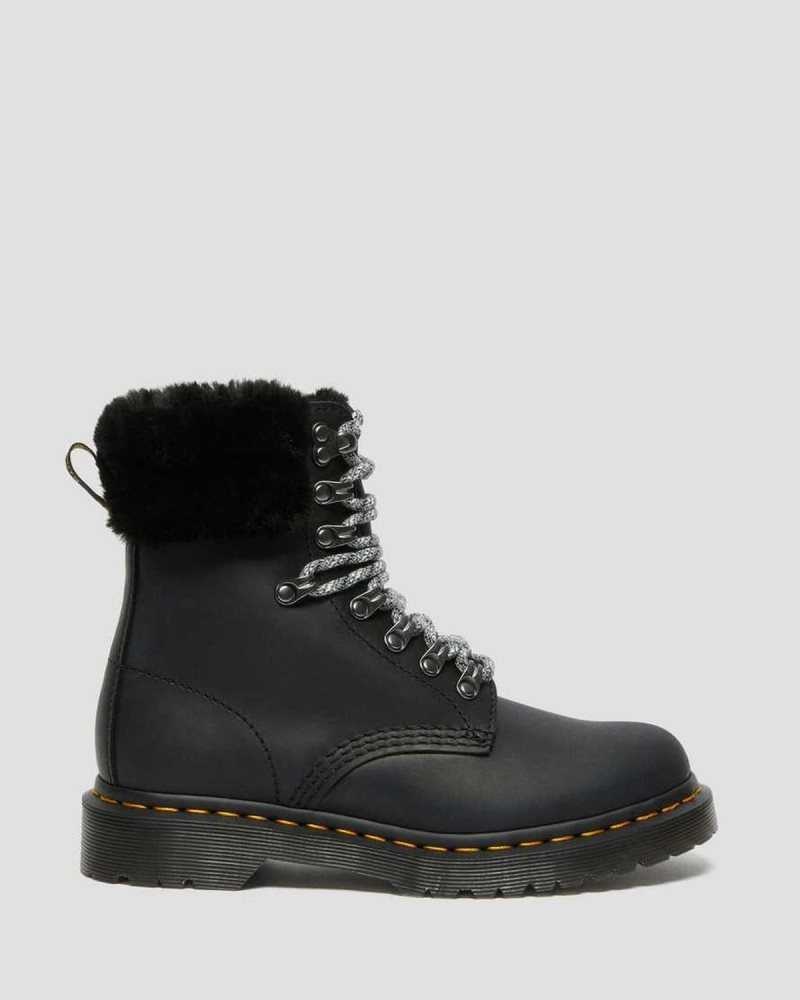 Dr Martens 1460 Serena Collar Faux Fur Forede Blonder Up Boots Vinterstøvler Dame Svarte | GFLVO8214