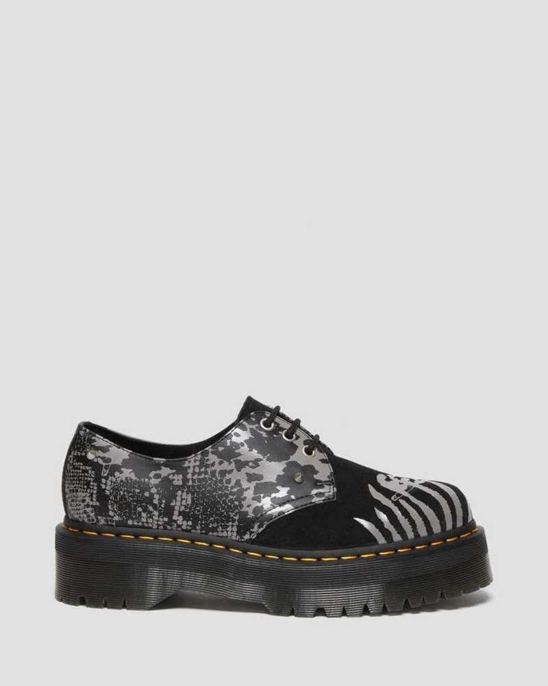 Dr Martens 1461 Animal Clash Lær & Semsket Skinn Platform Shoes Oxford Sko Dame Svarte Grå | TRUSP6271