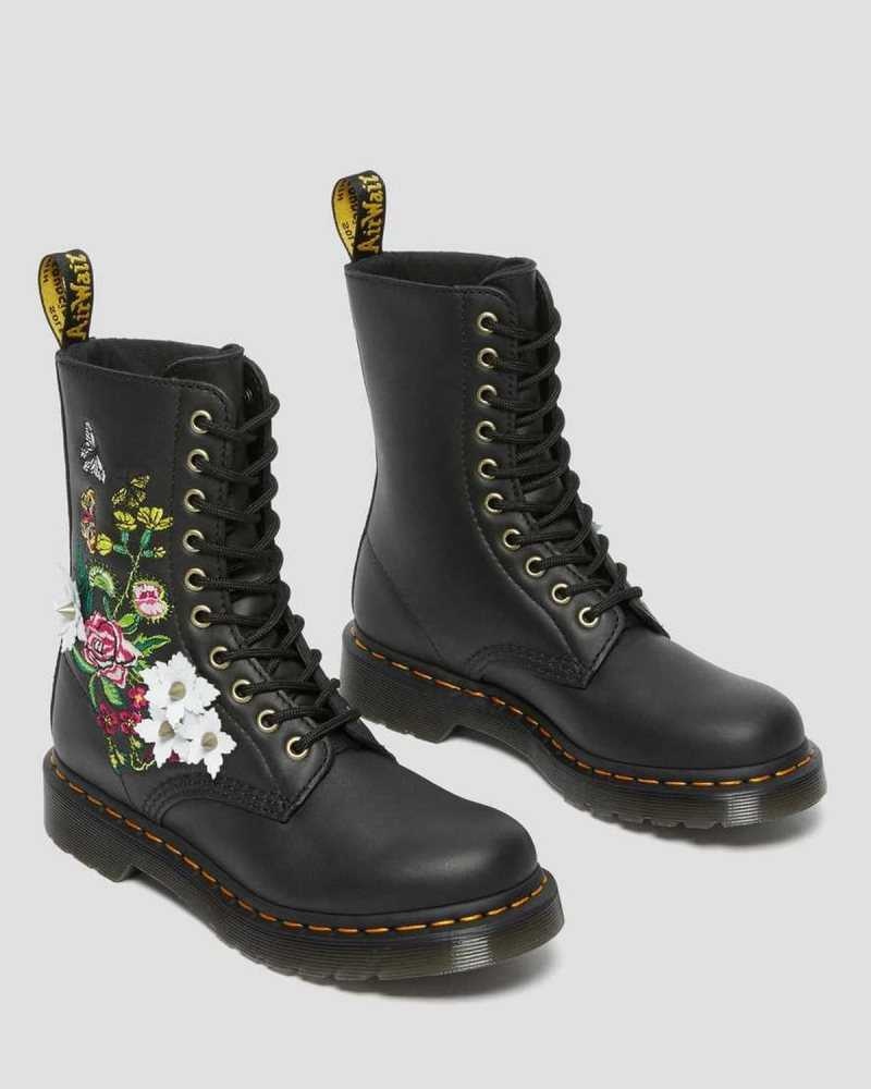 Dr Martens 1490 Floral Bloom Lær Mid-Calf Boots Støvler Dame Svarte | TYGBM9230