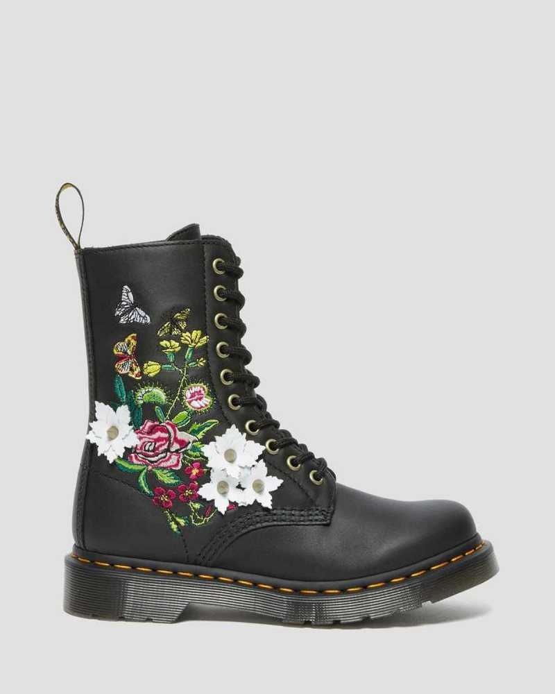 Dr Martens 1490 Floral Bloom Lær Mid-Calf Boots Støvler Dame Svarte | TYGBM9230