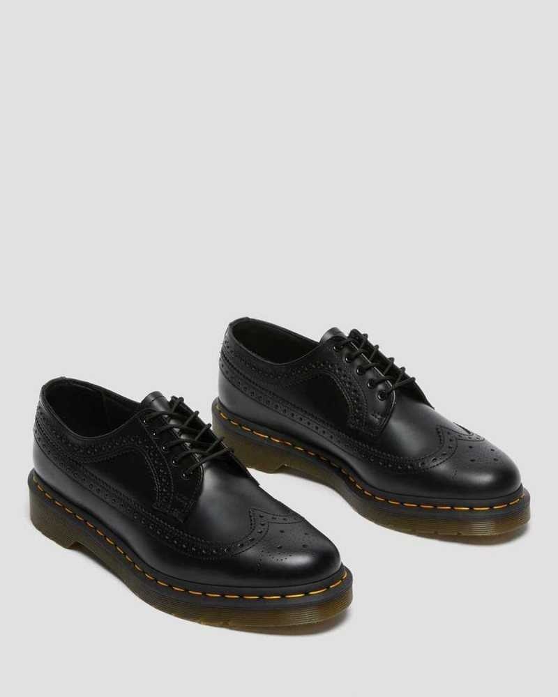 Dr Martens 3989 Yellow Stitch Smooth Lær Brogue Shoes Loafers Dame Svarte | NSVBK8753