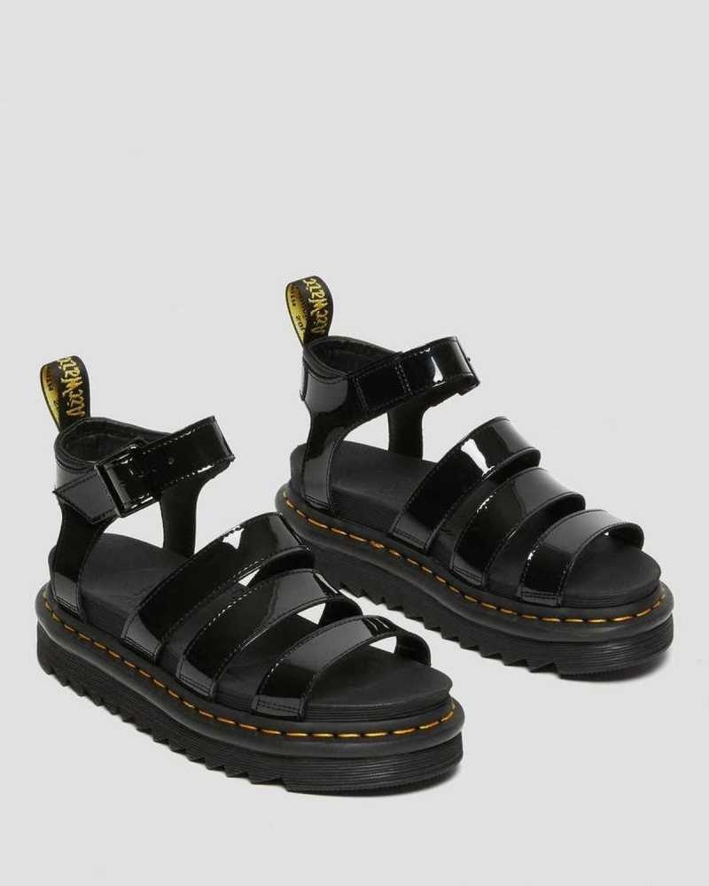 Dr Martens Blaire Patent Lær Reima Sandals Gladiatorsandaler Dame Svarte | FWTCP6518