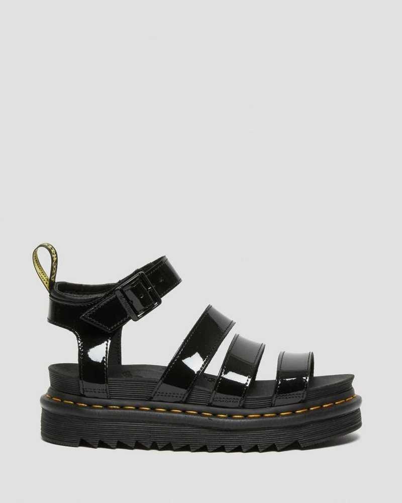 Dr Martens Blaire Patent Lær Reima Sandals Gladiatorsandaler Dame Svarte | FWTCP6518