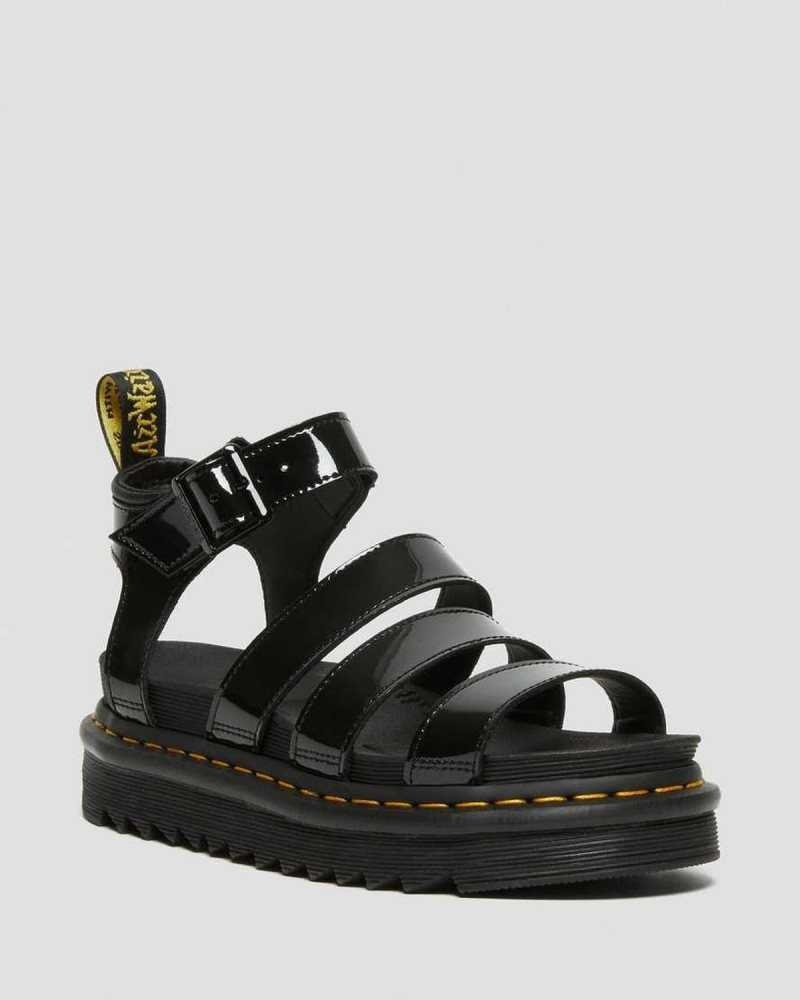 Dr Martens Blaire Patent Lær Reima Sandals Gladiatorsandaler Dame Svarte | FWTCP6518