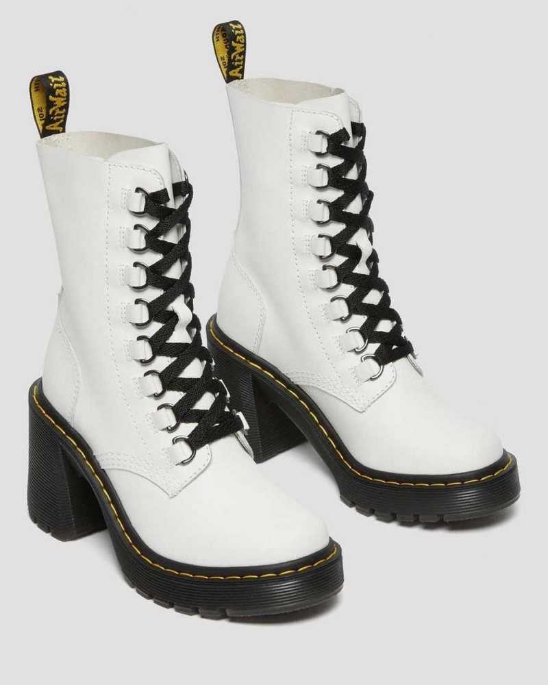 Dr Martens Chesney Lær Flared Heel Blonder Up Boots Støvler Med Hæl Dame Hvite | EKXNG9143