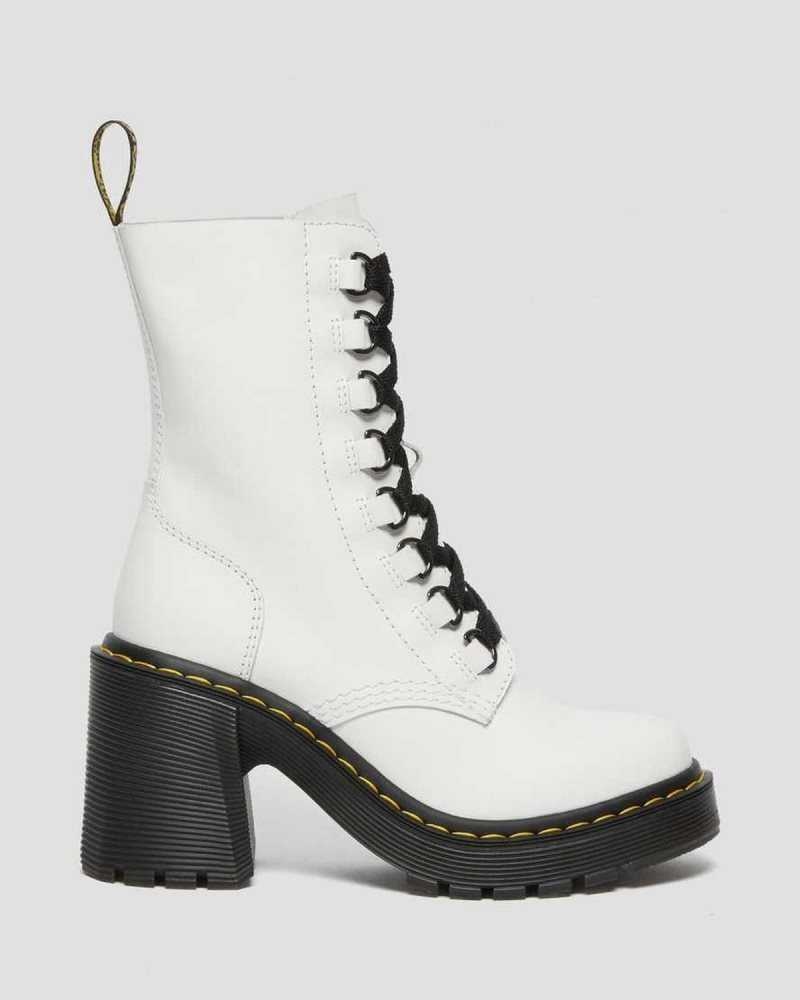 Dr Martens Chesney Lær Flared Heel Blonder Up Boots Støvler Med Hæl Dame Hvite | EKXNG9143