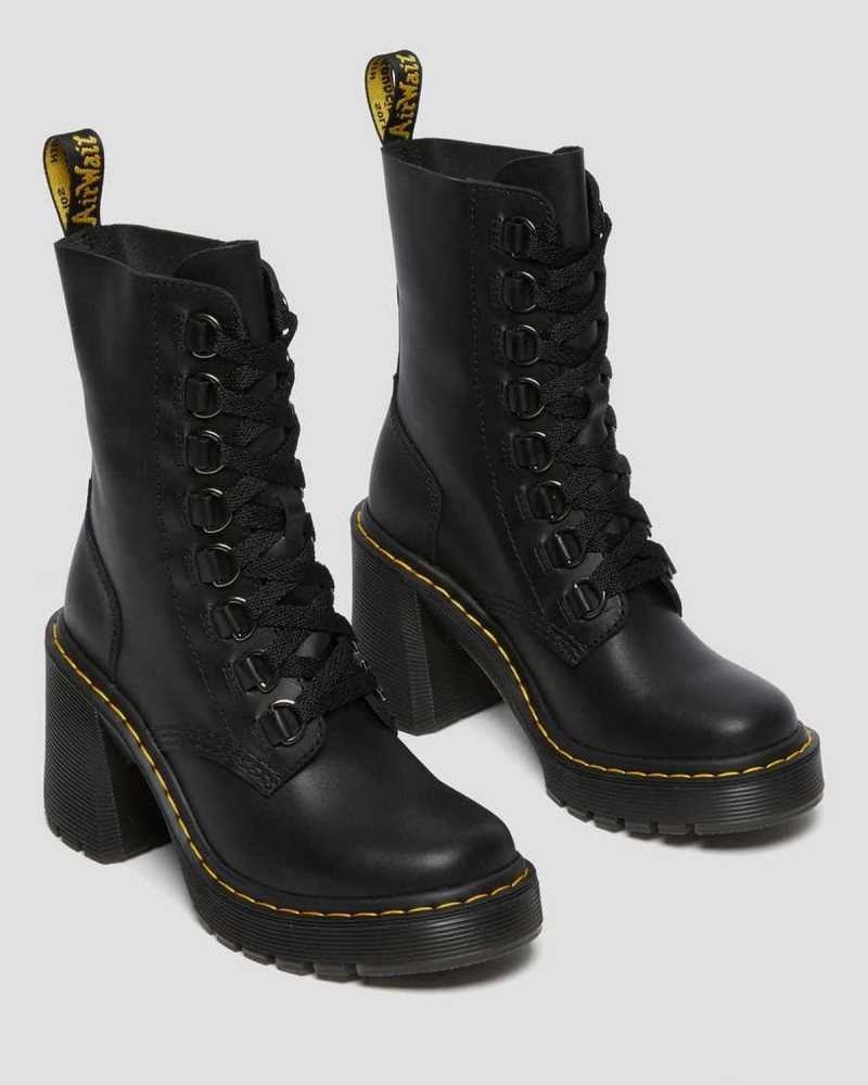 Dr Martens Chesney Lær Flared Heel Blonder Up Boots Støvler Med Hæl Dame Svarte | IMTXY0162