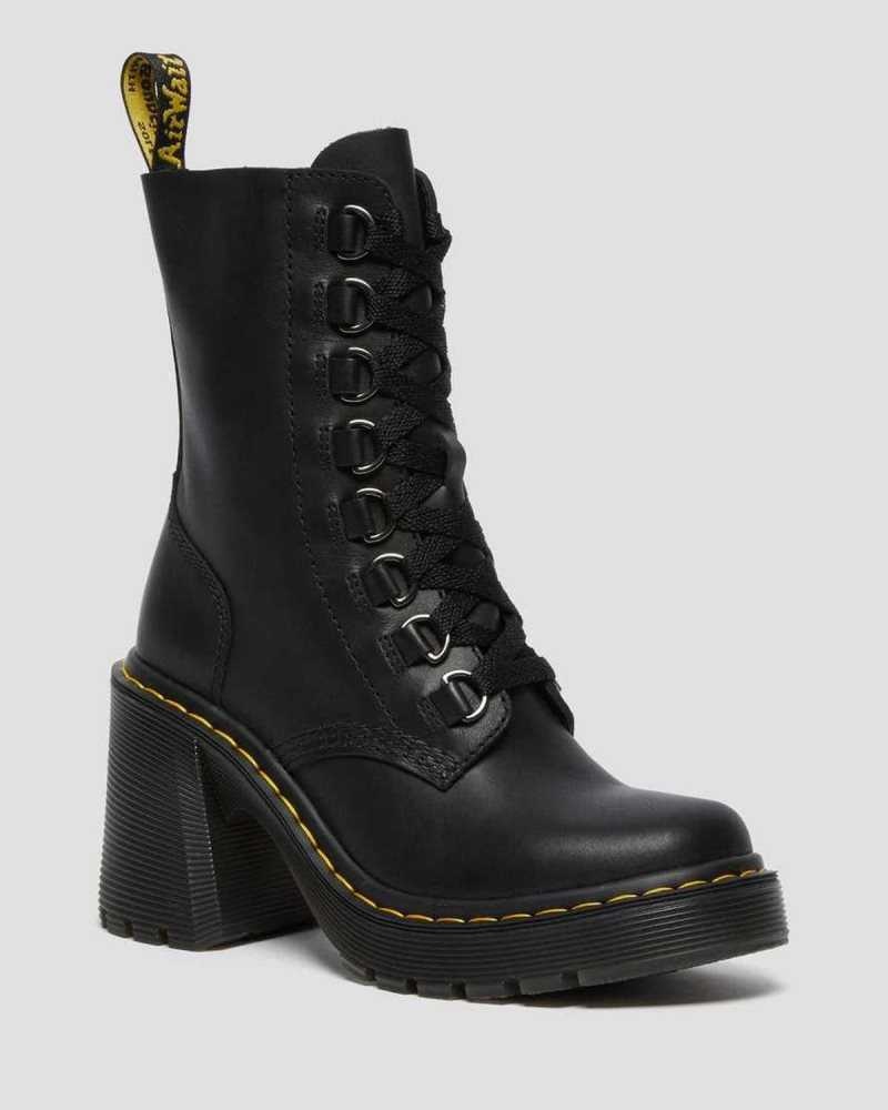 Dr Martens Chesney Lær Flared Heel Blonder Up Boots Støvler Med Hæl Dame Svarte | IMTXY0162