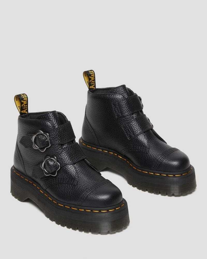 Dr Martens Devon Flower Spenne Lær Platform Boots Platform Støvler Dame Svarte | OEGWR5217