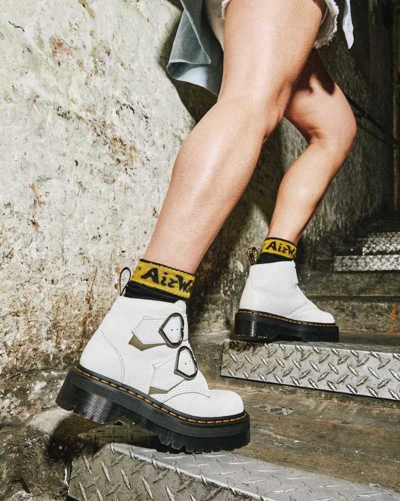 Dr Martens Devon Heart Lær Platform Boots Støvletter Dame Hvite | LUSBW1630