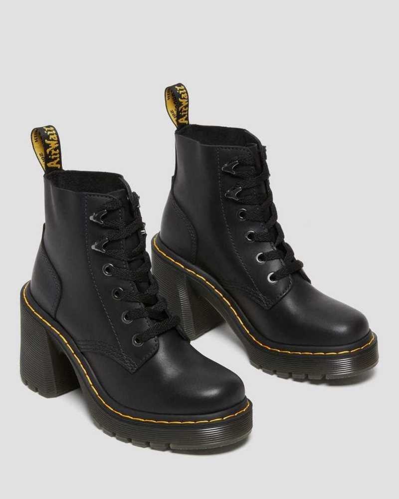 Dr Martens Jesy Sendal Lær Blonder Up Flared Heel Boots Støvler Med Hæl Dame Svarte | UFNEK0816