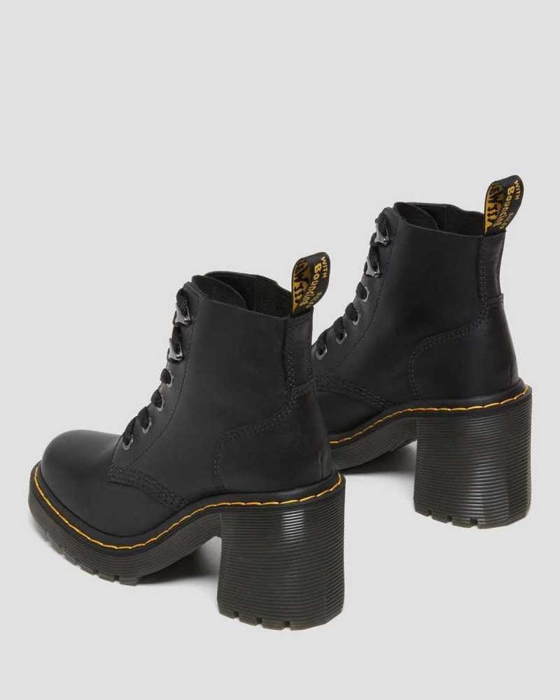 Dr Martens Jesy Sendal Lær Blonder Up Flared Heel Boots Støvler Med Hæl Dame Svarte | UFNEK0816