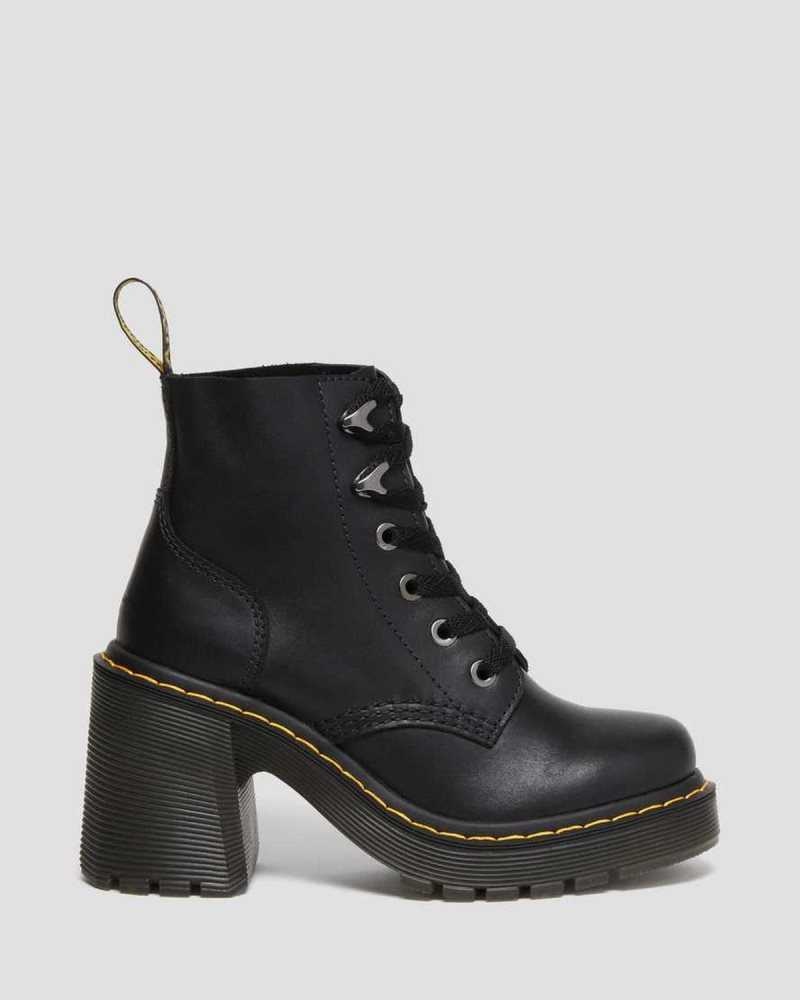 Dr Martens Jesy Sendal Lær Blonder Up Flared Heel Boots Støvler Med Hæl Dame Svarte | UFNEK0816