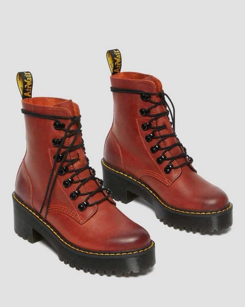 Dr Martens Leona Wyoming Lær Platform Hælene Boots Støvler Med Hæl Dame Mørke Rød | IQTRP8527