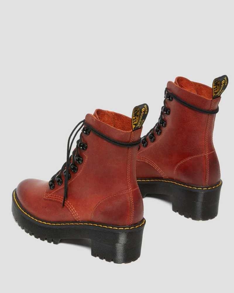 Dr Martens Leona Wyoming Lær Platform Hælene Boots Støvler Med Hæl Dame Mørke Rød | IQTRP8527