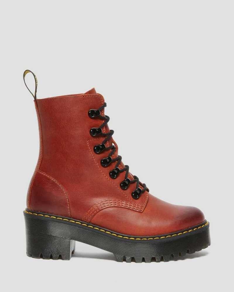 Dr Martens Leona Wyoming Lær Platform Hælene Boots Støvler Med Hæl Dame Mørke Rød | IQTRP8527