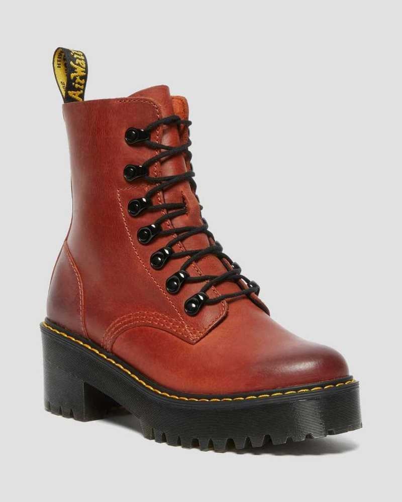 Dr Martens Leona Wyoming Lær Platform Hælene Boots Støvler Med Hæl Dame Mørke Rød | IQTRP8527