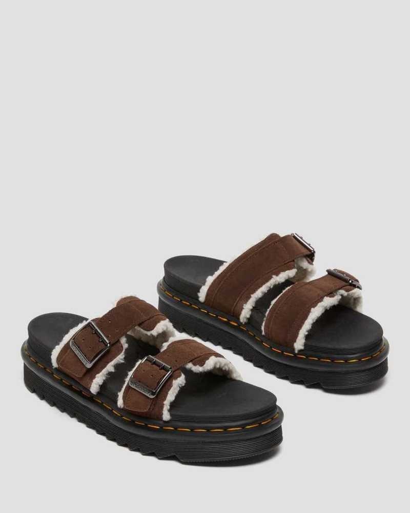 Dr Martens Myles Semsket Skinn Fur-Forede Spenne Badesandaler Sandals Platåsandaler Dame Mørke Brune | VMNYQ2384