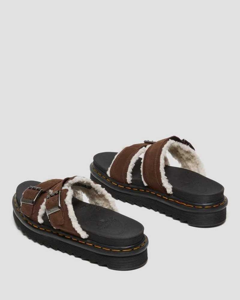 Dr Martens Myles Semsket Skinn Fur-Forede Spenne Badesandaler Sandals Platåsandaler Dame Mørke Brune | VMNYQ2384