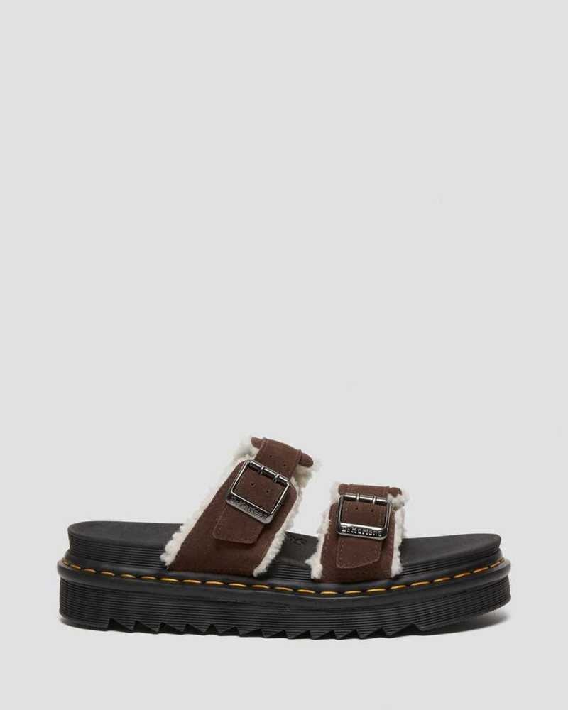 Dr Martens Myles Semsket Skinn Fur-Forede Spenne Badesandaler Sandals Platåsandaler Dame Mørke Brune | VMNYQ2384