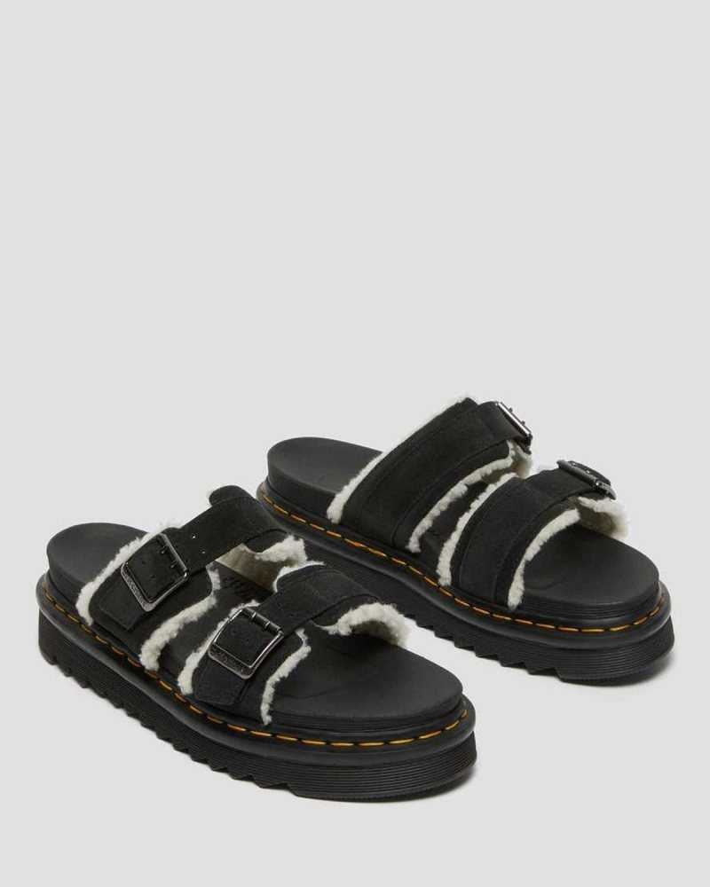 Dr Martens Myles Semsket Skinn Fur-Forede Spenne Badesandaler Sandals Platåsandaler Dame Svarte | KNJFO2730