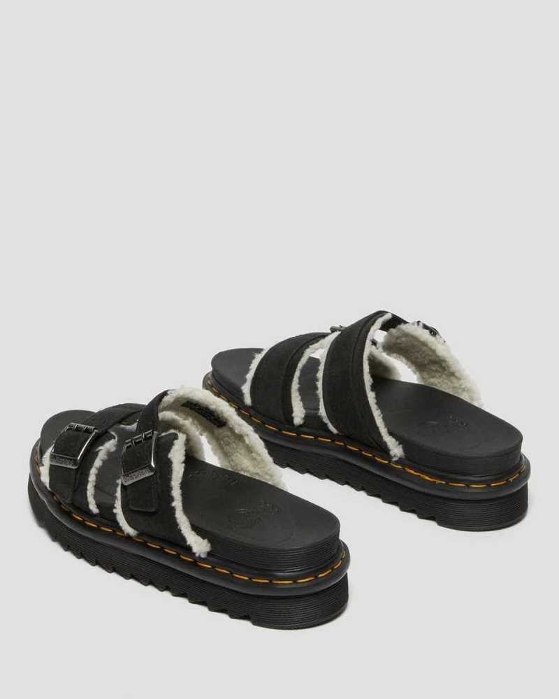 Dr Martens Myles Semsket Skinn Fur-Forede Spenne Badesandaler Sandals Platåsandaler Dame Svarte | KNJFO2730