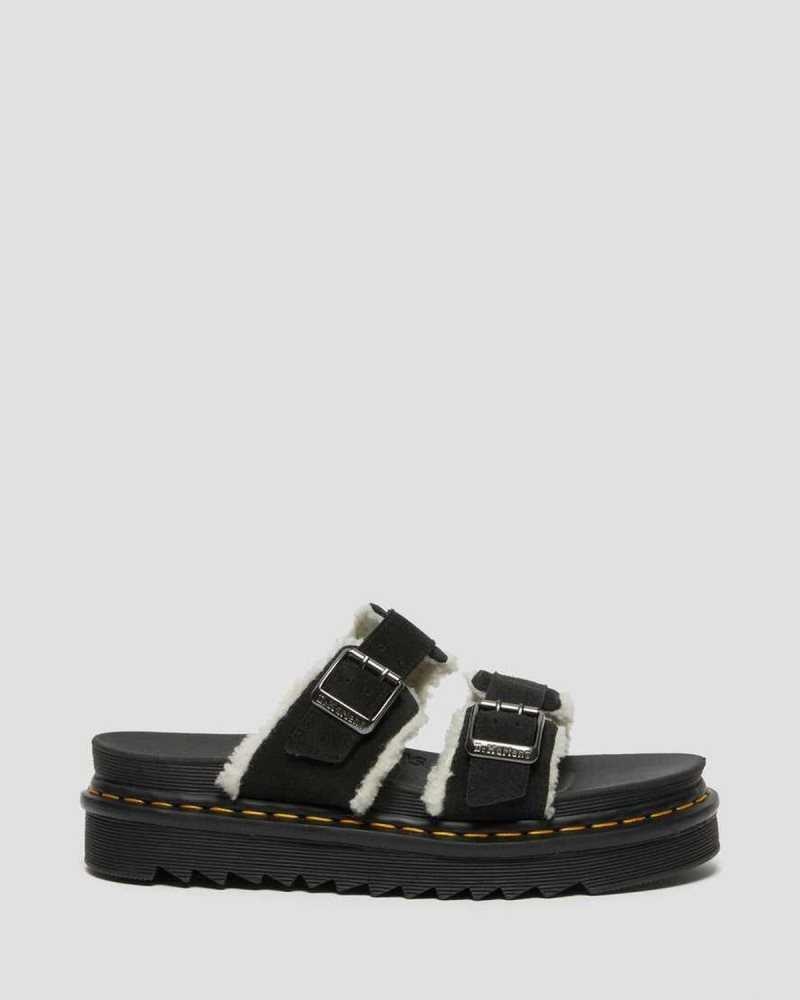 Dr Martens Myles Semsket Skinn Fur-Forede Spenne Badesandaler Sandals Platåsandaler Dame Svarte | KNJFO2730