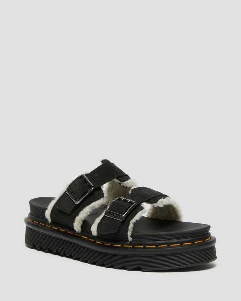 Dr Martens Myles Semsket Skinn Fur-Forede Spenne Badesandaler Sandals Platåsandaler Dame Svarte | KNJFO2730