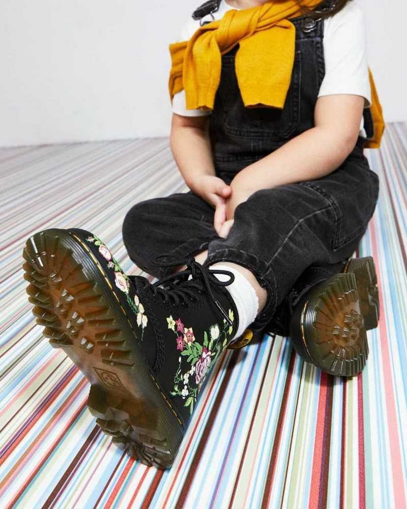 Dr Martens Toddler 1460 Floral Lær Blonder Up Boots Støvler Barn Svarte | QSLAB7106