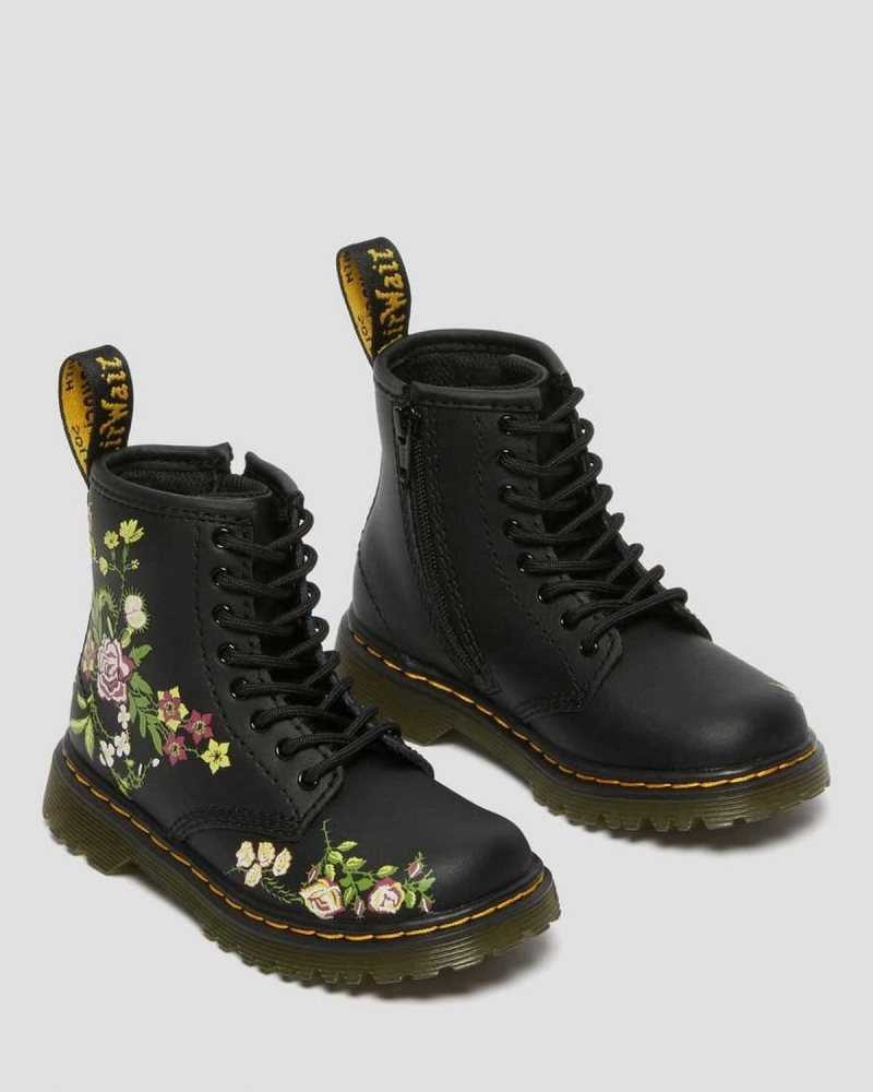 Dr Martens Toddler 1460 Floral Lær Blonder Up Boots Støvler Barn Svarte | QSLAB7106