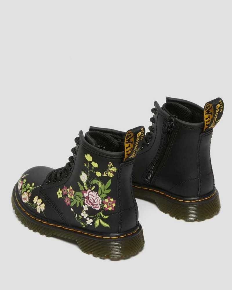 Dr Martens Toddler 1460 Floral Lær Blonder Up Boots Støvler Barn Svarte | QSLAB7106