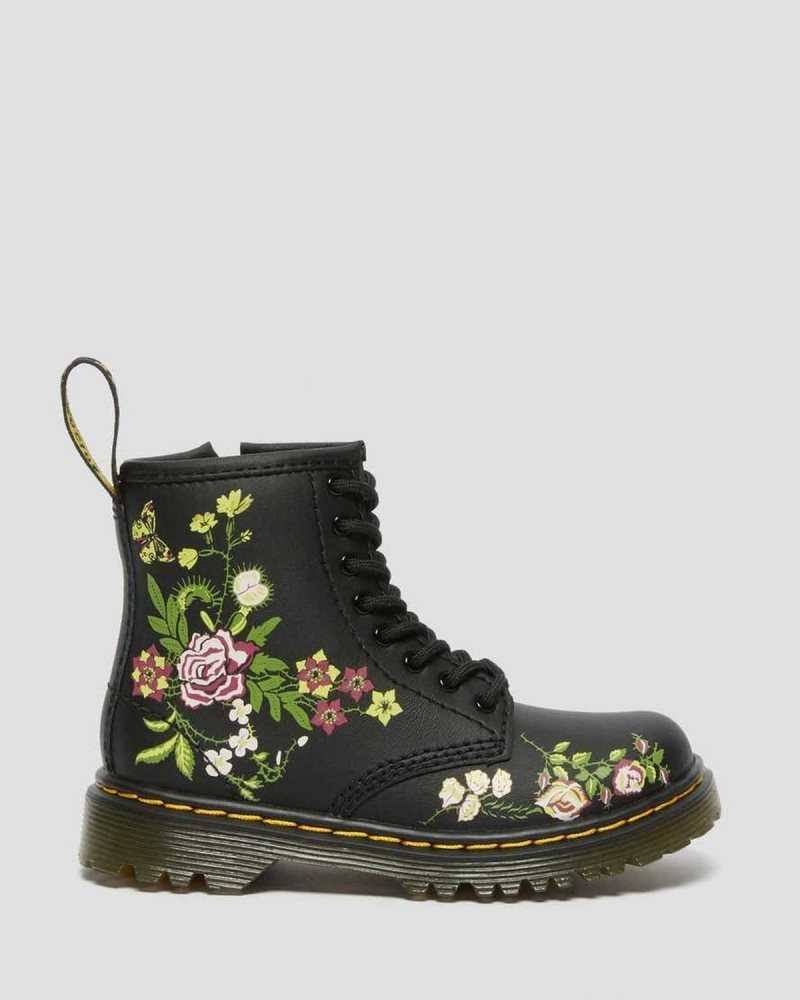 Dr Martens Toddler 1460 Floral Lær Blonder Up Boots Støvler Barn Svarte | QSLAB7106