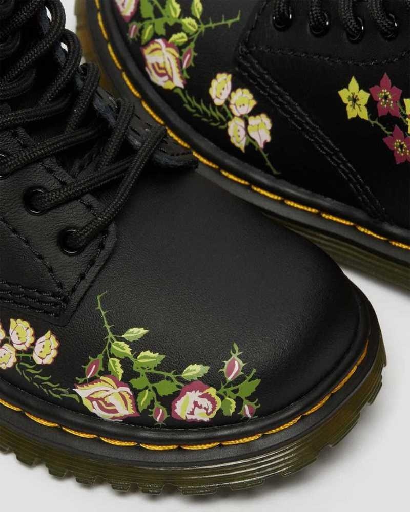 Dr Martens Toddler 1460 Floral Lær Blonder Up Boots Støvler Barn Svarte | QSLAB7106