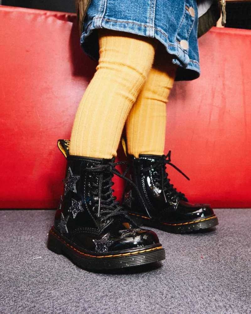 Dr Martens Toddler 1460 Glitter Star Patent Blonder Up Boots Støvler Barn Svarte | UDWQH2401