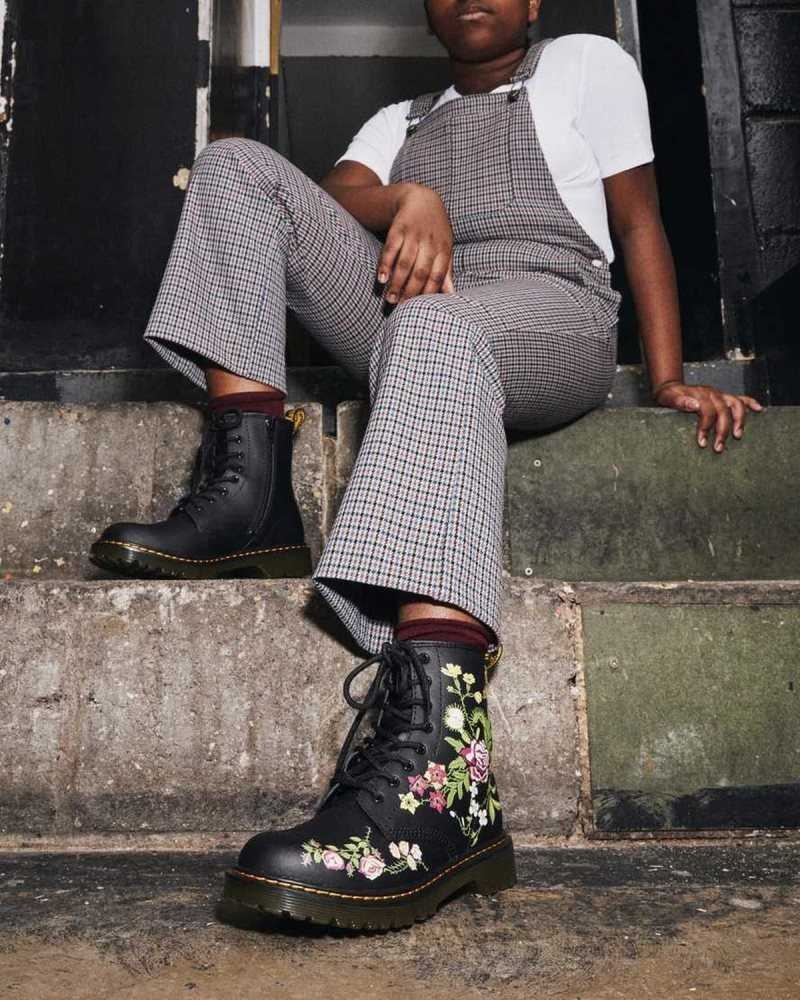 Dr Martens Youth 1460 Floral Lær Blonder Up Boots Støvler Barn Svarte | XTYHO8265